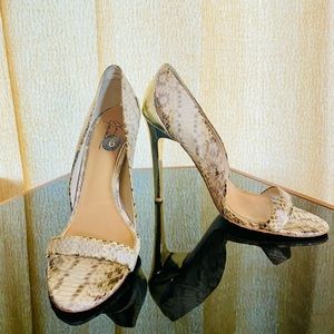 Badgley Mischka snakeskin sandals with gold heel.